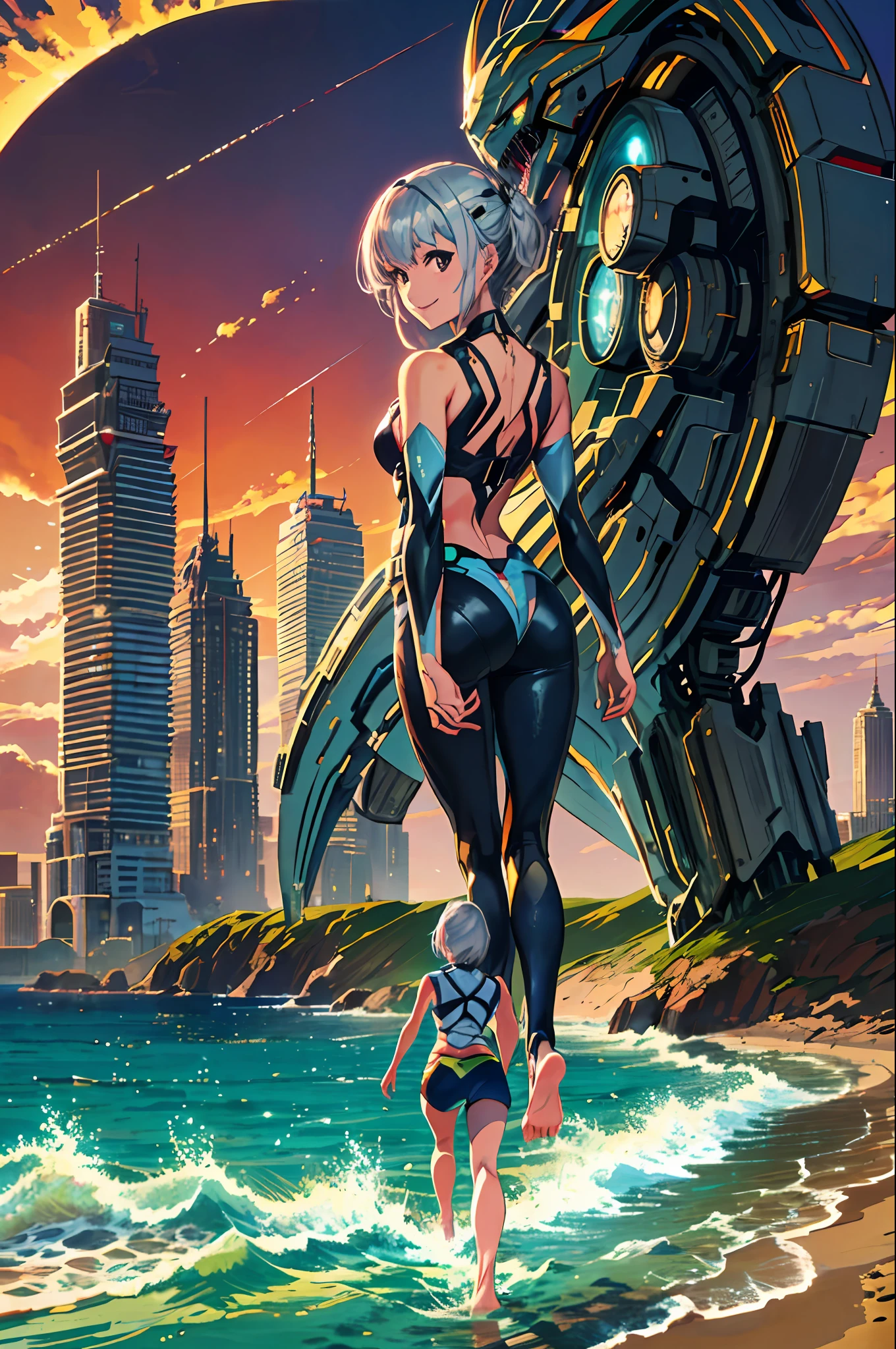 masterpiece, best quality, 1 girl, best quality, super high resolution, 1 girl, silver hair, full body, landscape, smile, ocean, sunset, city, barefoot, footprints, sand, wearing bio mecha, from behind, looking at the audience, looking back, silhouette, wading, standing on liquid