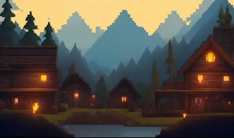 image style: pixel art, ultra detailed, game setting. a small village in the heart of the kingdom of darkness. the houses are bu...