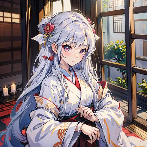 Long hair, tied hair, off-white, warm silk kimono, anime, blushing girls --auto --s2