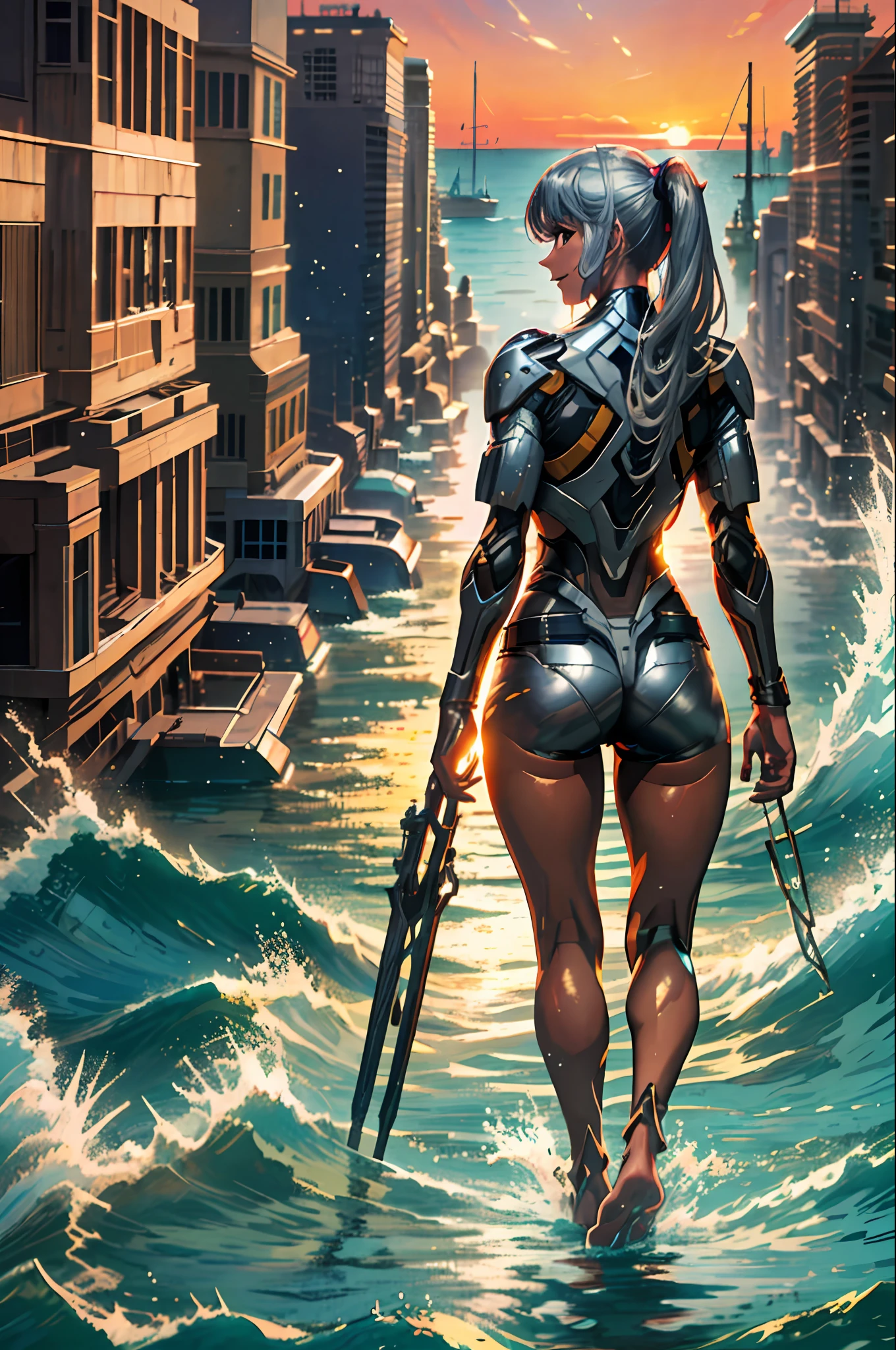 masterpiece, best quality, 1 girl, best quality, super high resolution, 1 girl, silver hair, full body, landscape, smile, ocean, sunset, city, barefoot, footprints, sand, wearing bio mecha, from behind, looking at the audience, looking back, silhouette, wading, standing on liquid