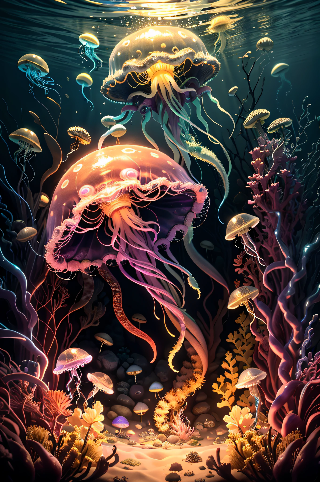 (Obra de arte, melhor qualidade: 1.3), alta resolução, (Resolução 8k), (ultra-detalhado: 1.1), deus louco, parar o movimento, Horror, sem humanos, brilhante, monstro, embaixo da agua, medusa, fotorrealista, brilhante: 0.3, (detalhes: 1.2), iluminação volumétrica, (extremamente detalhado), only medusa