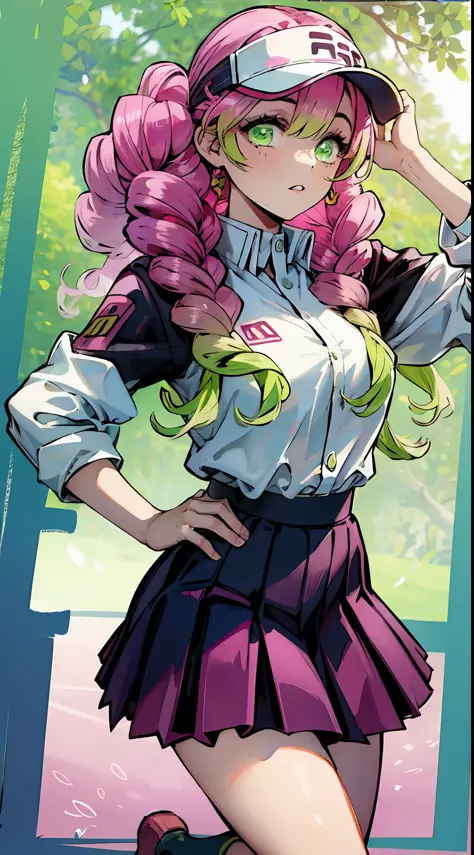 kanroji honey, gradient hair, pink hair, green hair, tennis uniform, skirt, sun visor, refreshing