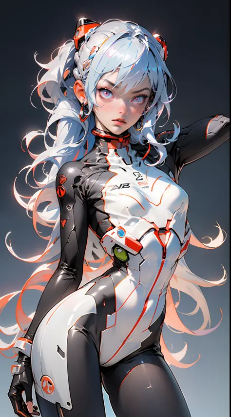 ((Best quality)), ((masterpiece)), (detailed: 1.4), (Absurd), light-skinned lolita with micro bikini, Genesis evangelion neon style clothing, red and white stripes, blue arms with white stars, 2 piece clothing, colored hair, tattoo on arms, cybernetic hand...