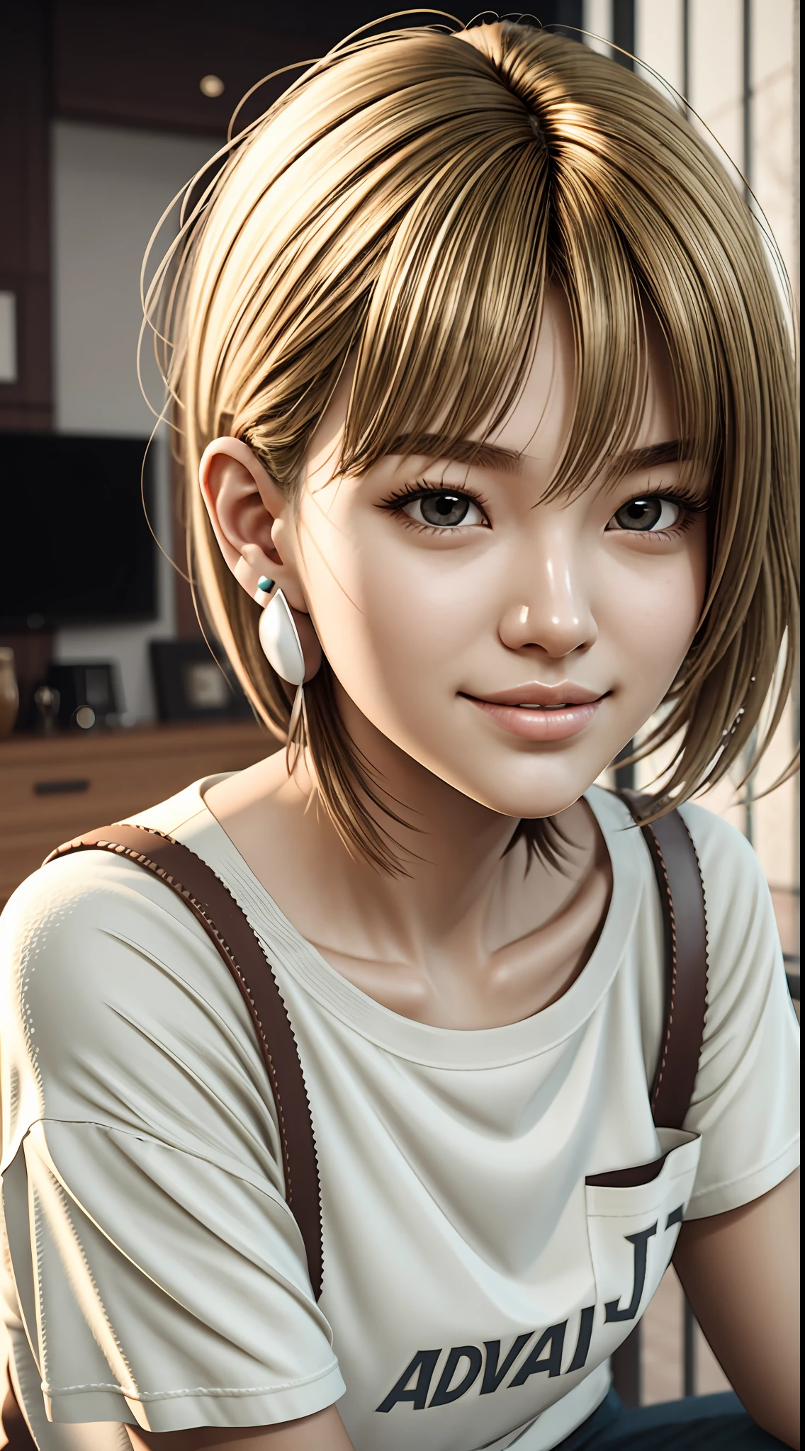 [22-year-old female],[face: round], [eyes: almond eye shape, blue color, thin and curved eyebrow shape], [Nose: Sticky shape, small hole], [Mouth: thick lip shape, Neat teeth], [Chin: Tyre chin shape, Sunken chin], [Hair: Short hairstyle, blonde color,], [Ears: Small ear shape], [skin: white skin color, Smooth skin texture], [Facial expression: smile], [Activity: Sitting on the sofa in the living room],
[Top clothes: T-shirt, brown color, plaid pattern, delicate texture, casual wear style, folded clothing design, well-maintained clothing condition]
Professional photograph of a stunning woman detailed, cinematic lightning, octane render, unreal engine, volumetrics dtx