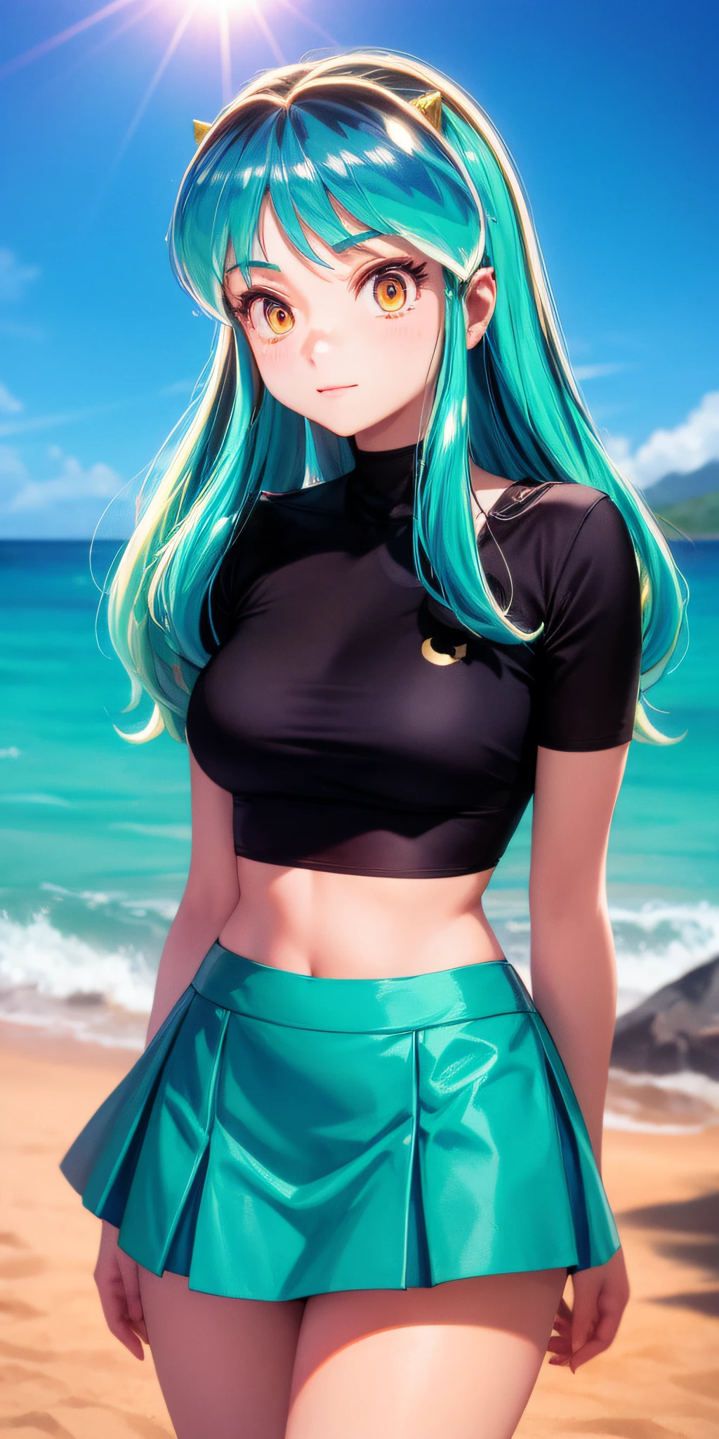 Lum invader, crop, short skirt, detailed, flushed, beach, sun,