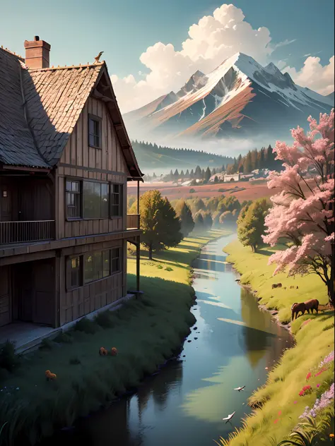 A house with balconies in ruins, on a plain with grazing animals, a distant view, with many grasses, trees, a river with murky waters and a mountain with snow in the background with oil paint with red touches. a featured tree with reddish flowering and fly...