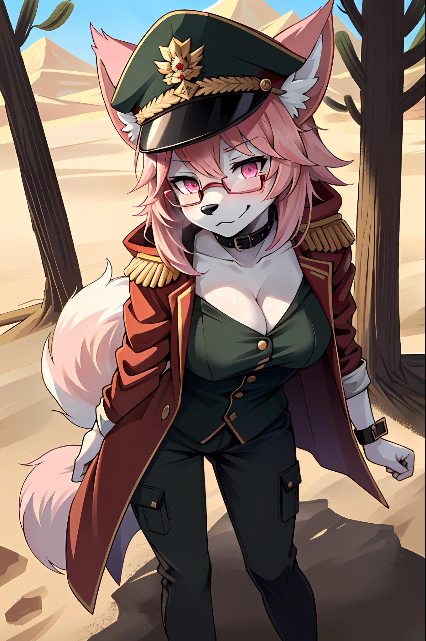 (masterpiece, best quality)), (Anthro Furry:1.3, muzzle:1.2, Anthro:1.3, furry:1.2, closeup:1.2, female solo:1.2, (wearing Russian military coat), standing, sexy body position, military pants, wearing glasses, Fox spiraled in the colors of Funtime Foxy,five nights at freddy,white skin pink details, pink eyes, pink hair, , sexy position, desert environment place, Russian general military hat,  Spiral art style in furry Vixens