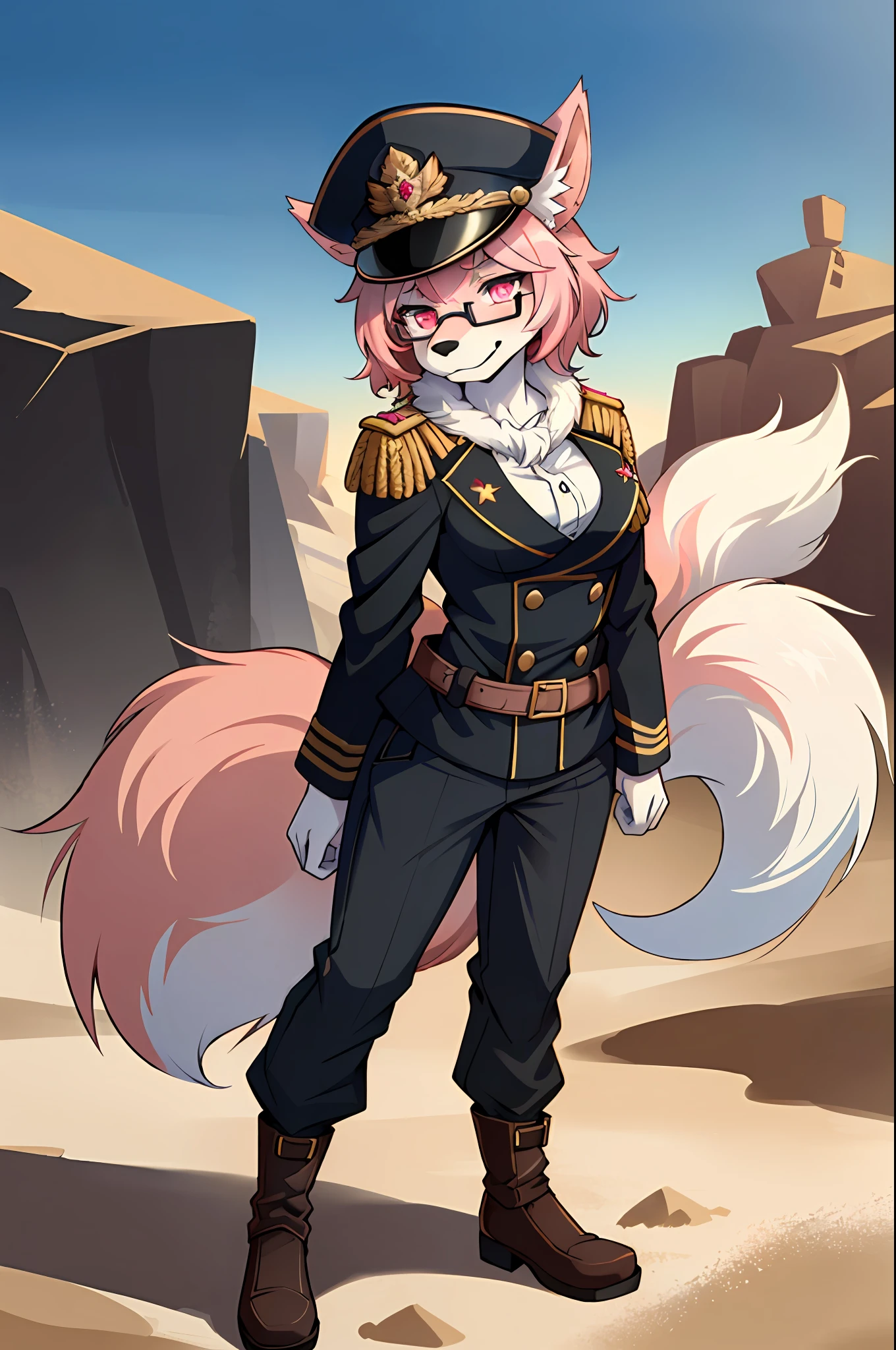 (masterpiece, best quality)), (Anthro Furry:1.3, muzzle:1.2, Anthro:1.3, furry:1.2, closeup:1.2, female solo:1.2, (wearing Russian military coat), standing, sexy body position, military pants, wearing glasses, Fox spiraled in the colors of Funtime Foxy,five nights at freddy,white skin pink details, pink eyes, pink hair, , sexy position, desert environment place, Russian general military hat,  Spiral art style in furry Vixens