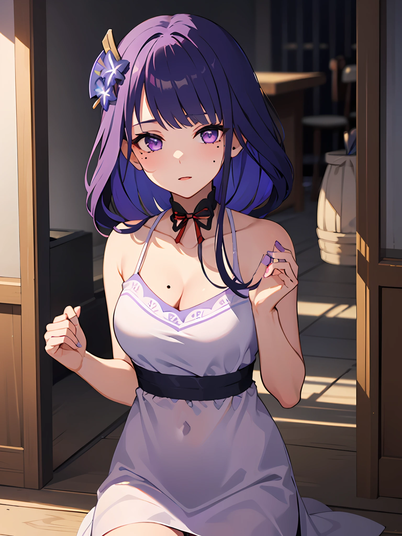 ((masterpiece, best quality)), (Masterpiece, Best Quality), Female, Raiden Ei, Purple Hair, Purple Eyes, Kind, Considerate, Shy, Funny, Love myself, Faithful, 1 Mole under the right eye, Wearing a purplish white dress