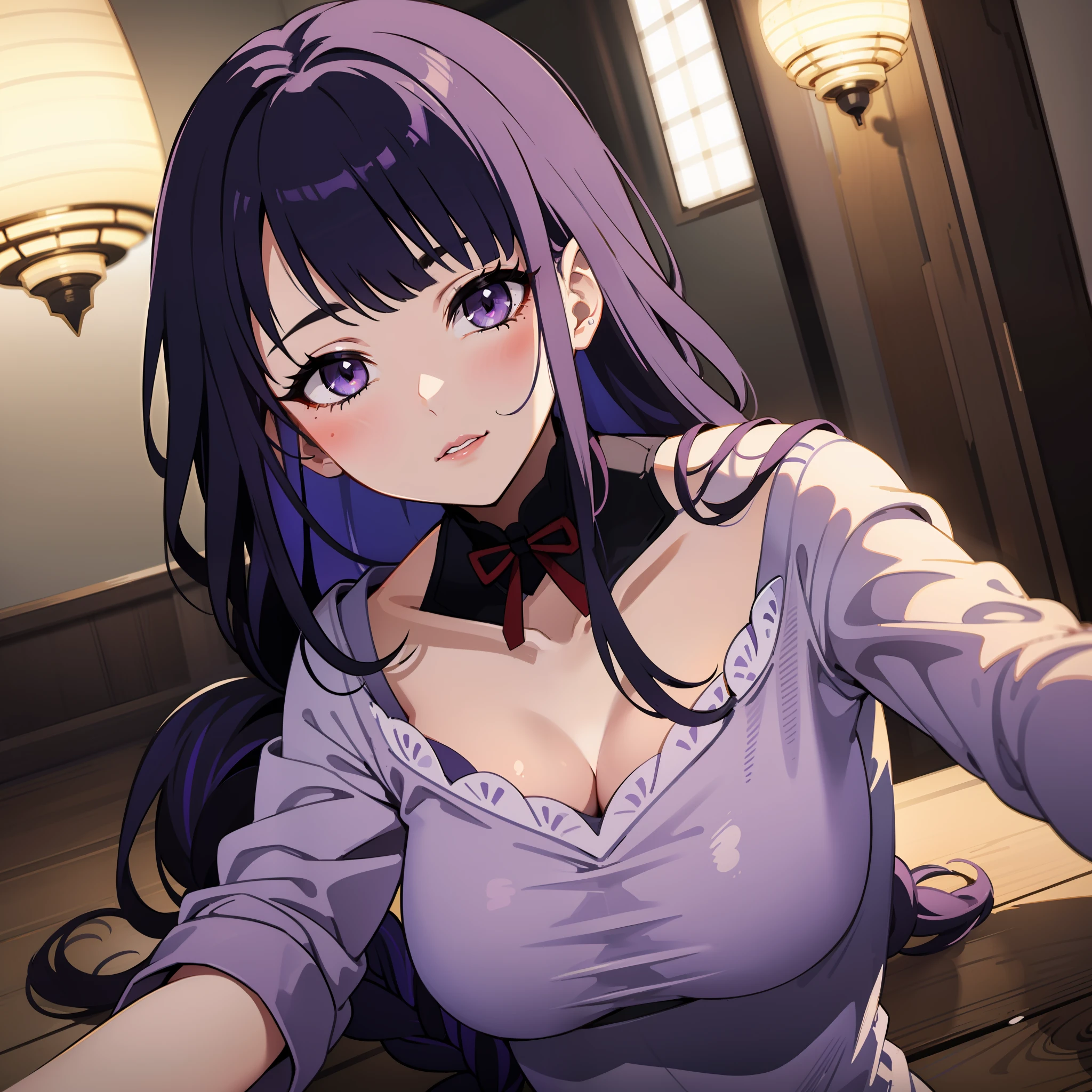 Anime girl with long purple hair and purple shirt posing for camera -  SeaArt AI