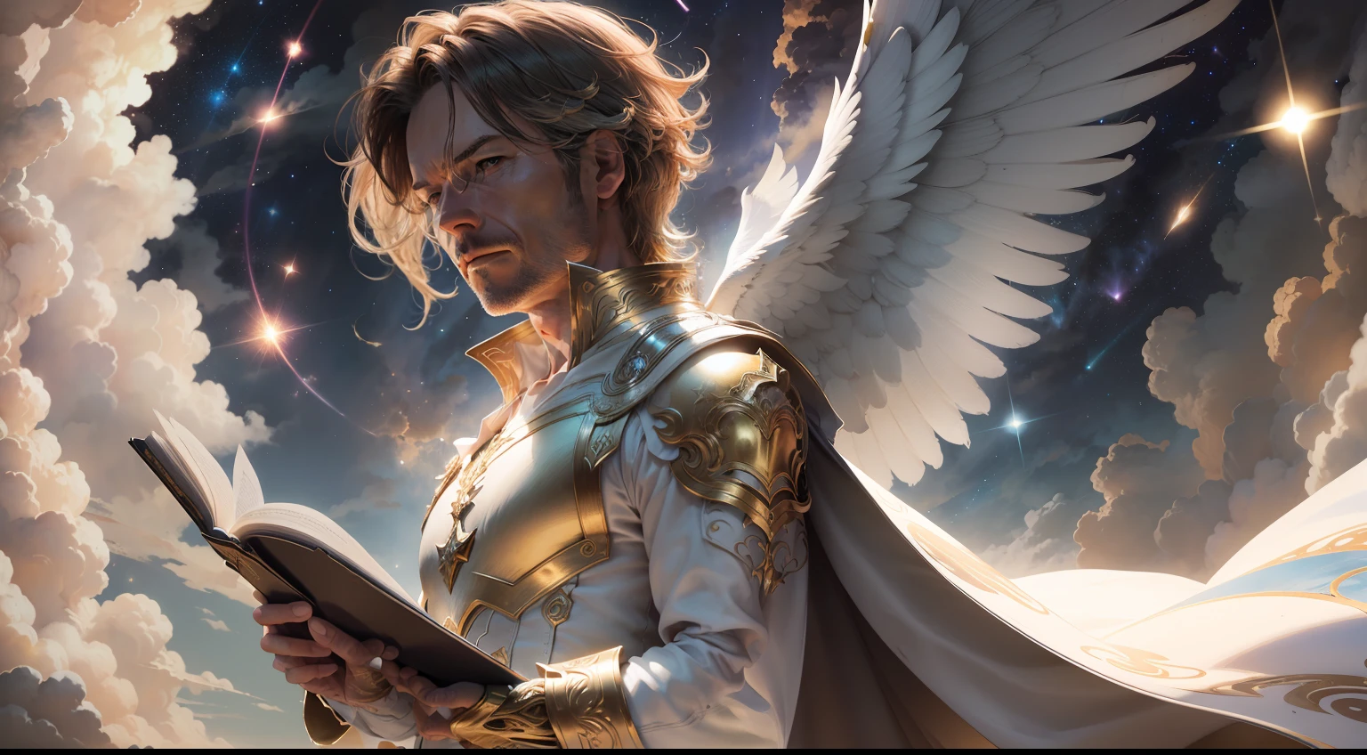 Arcángel Gabriel, figura masculina, envuelta en una sencilla bata blanca, pelo oscuro, buscando 4, (((descendiendo del cielo entre las nubes)))), mirada celestial, longitud total, perfectamente estructurado, acuarela, un grupo de 4 personas, vestido dorado bañado por la luz de las estrellas, luces en el aire, formas fluidas finas, sublime, detalles intrincados, espacio libre, Hecho en Photoshop,  escena dinámica, Alto detalle, alta resolución, colores vívidos, explosión de colores, iluminación compuesta, sombras suaves, buena composicion, bien dibujado, afilado, afilado focus, Hermoso, pantalla de inicio, libro de oro