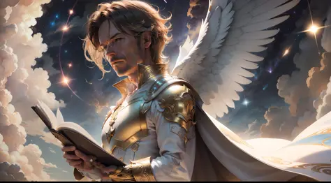 Archangel Gabriel, male figure, wrapped in a simple white gown, dark hair, looking 45 years old, (((descending from the heavens ...