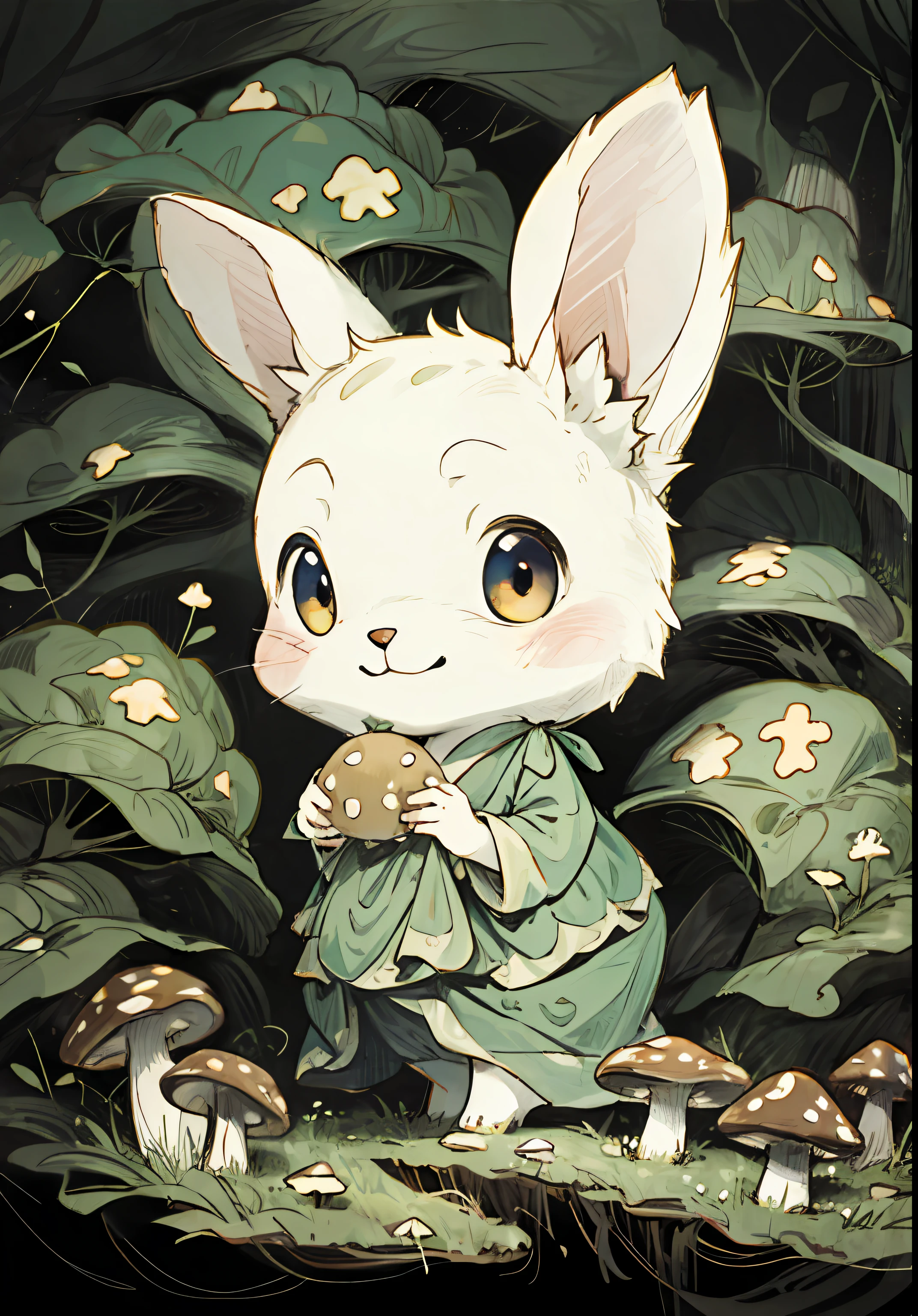 Um coelho dos desenhos animados usando um belo vestido, está colhendo cogumelos na floresta, atrás da floresta densa, sorridente, ilustrações