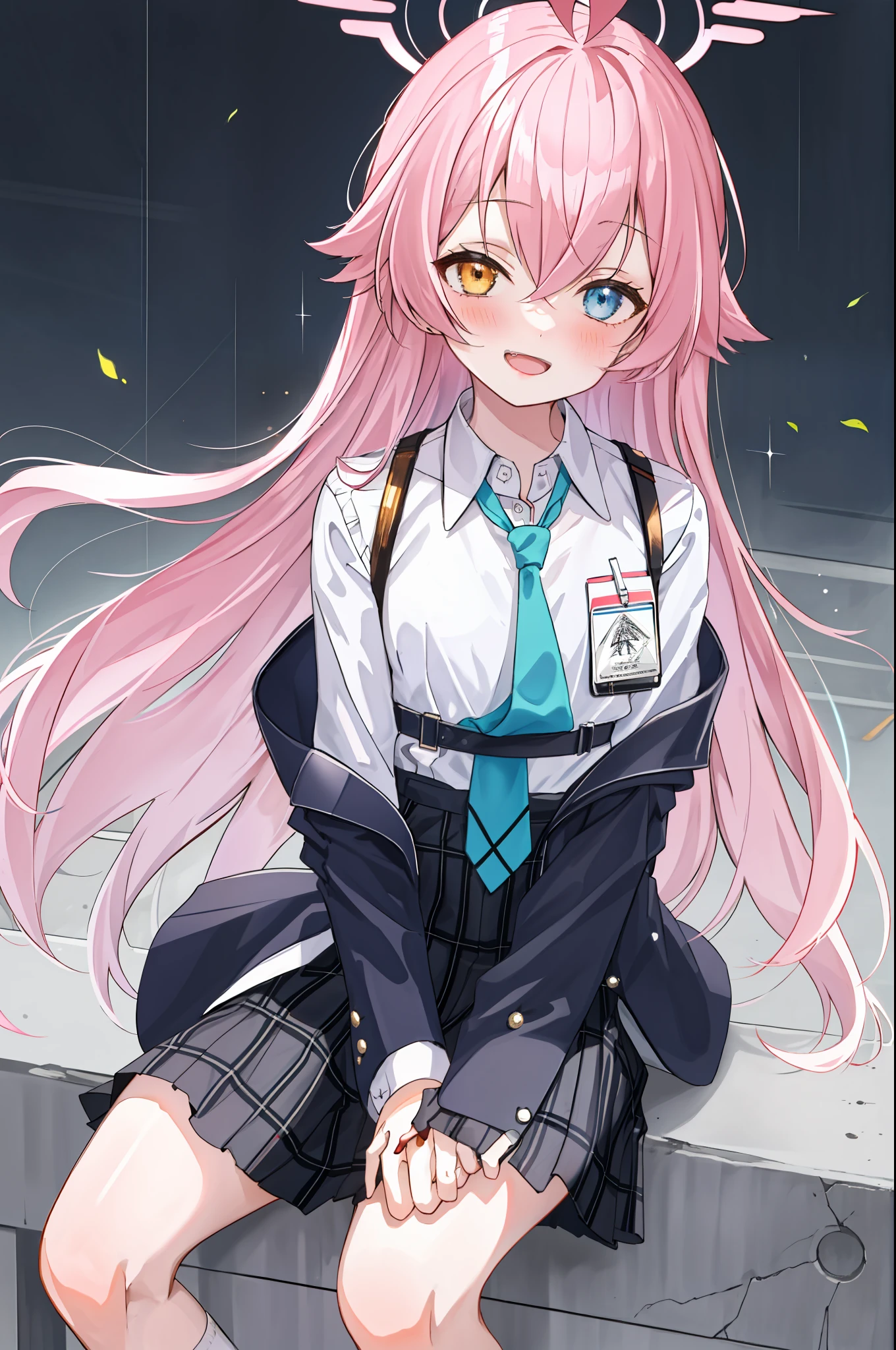 1girl, hoshino (blue archive), solo, heterochromia, pink hair, skirt, long hair, necktie, ahoge, shirt, halo, plaid skirt, blue eyes, plaid,  looking at viewer, white shirt, sitting, orange eyes, chest harness, harness, long sleeves, id card, open mouth, very long hair, collared shirt, smile, blue necktie, bangs, feet out of frame, between legs, hand between legs, blush, hair between eyes, highres,masterpiece, best quality