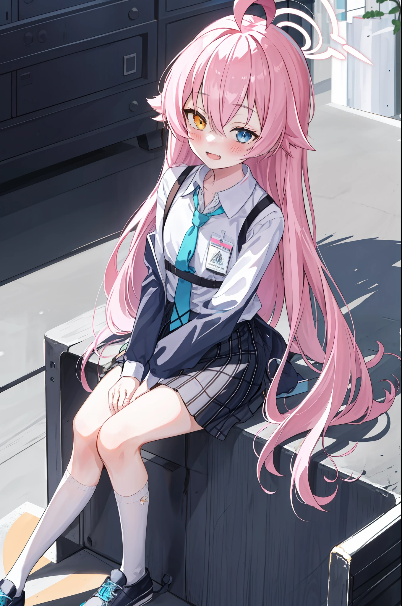 1girl, hoshino (blue archive), solo, heterochromia, pink hair, skirt, long hair, necktie, ahoge, shirt, halo, plaid skirt, blue eyes, plaid,  looking at viewer, white shirt, sitting, orange eyes, chest harness, harness, long sleeves, id card, open mouth, very long hair, collared shirt, smile, blue necktie, bangs, feet out of frame, between legs, hand between legs, blush, hair between eyes, highres,masterpiece, best quality