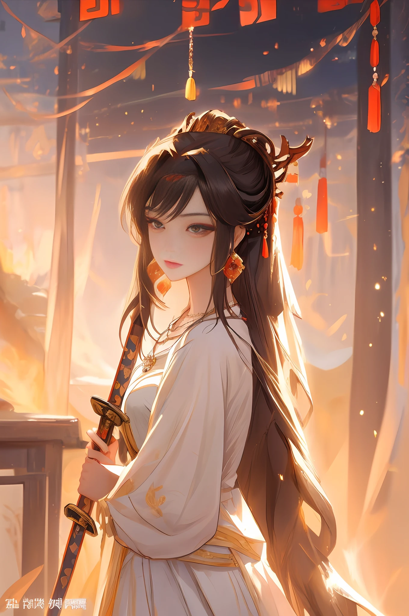 arafed woman in a white dress with a necklace and a sword, a beautiful fantasy empress, beautiful digital artwork, ancient chinese princess, beautiful render of tang dynasty, inspired by Lan Ying, xianxia fantasy, cinematic goddess close shot, chinese princess, fantasy woman, ((a beautiful fantasy empress)), 3 d goddess portrait, unreal engine render + a goddess