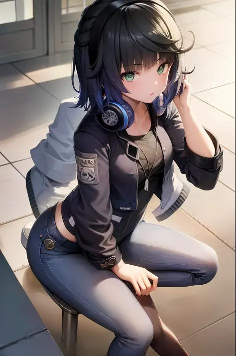 1girl,(((jacket,headphones,jeans,sitting))),,chair
