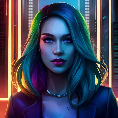 a close up of a woman with a colorful hair and a necklace, cyberpunk art style, the cyberpunk girl portrait, stylized urban fant...