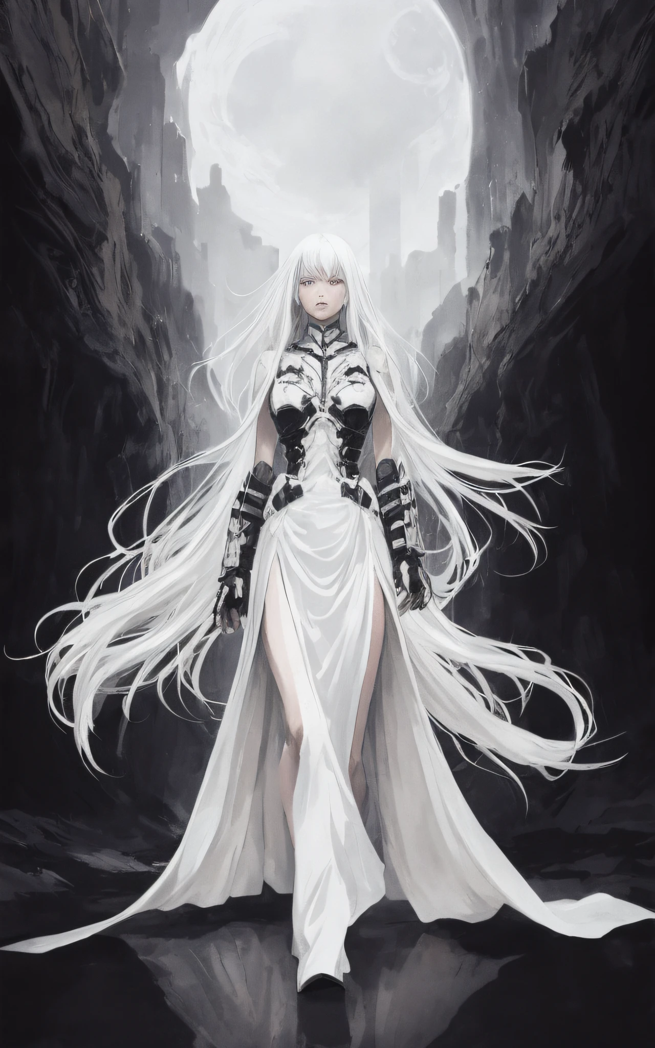 Un héros blanc pur en exosquelette comme Abara de Tsutomu Nihei, Une femme aux longs cheveux blancs purs, portant une jupe longue blanche pure avec une fente latérale, corps blanc pur et complet, Le monde des ténèbres, Un fond noir.