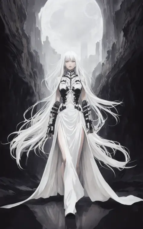 An exoskeleton pure white hero like Tsutomu Nihei's Abara, A woman with long pure white hair, wearing a pure white long skirt wi...