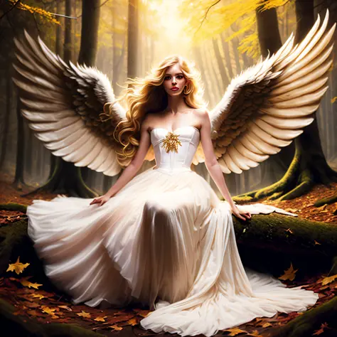 photo (fallenangel style:1) a digital painting of an (attractive:1) golden angel sitting in the middle of a forest wearing a whi...