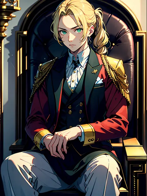 (best quality, masterpiece), 1 man, alone, (blond hair, pulled back in a ponytail), (green eyes, bright pupils, sharp look), aristocratic costume, (sitting on a throne),