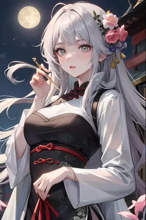 Masterpiece, Best, Night, Full Moon, 1 Female, Mature Woman, Chinese Style, Ancient China, Elder Sister, Royal Sister, Cold Face, Expressionless, Silver White Long Haired Woman, Pale Pink Lips, Calm, Intellectual, Three Belts, Gray Hitomi, assassin, dagger...