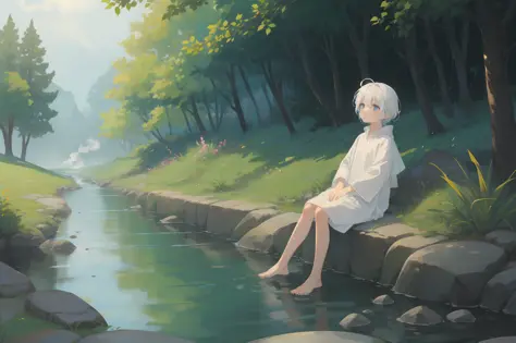 (8k), barefoot white-haired blue-eyed little Shota in flowing white, sitting on a stone, small stream flowing, smoke and rain, d...