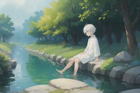 (8k), barefoot white-haired blue-eyed little Shota in flowing white, sitting on a stone, small stream flowing, smoke and rain, d...