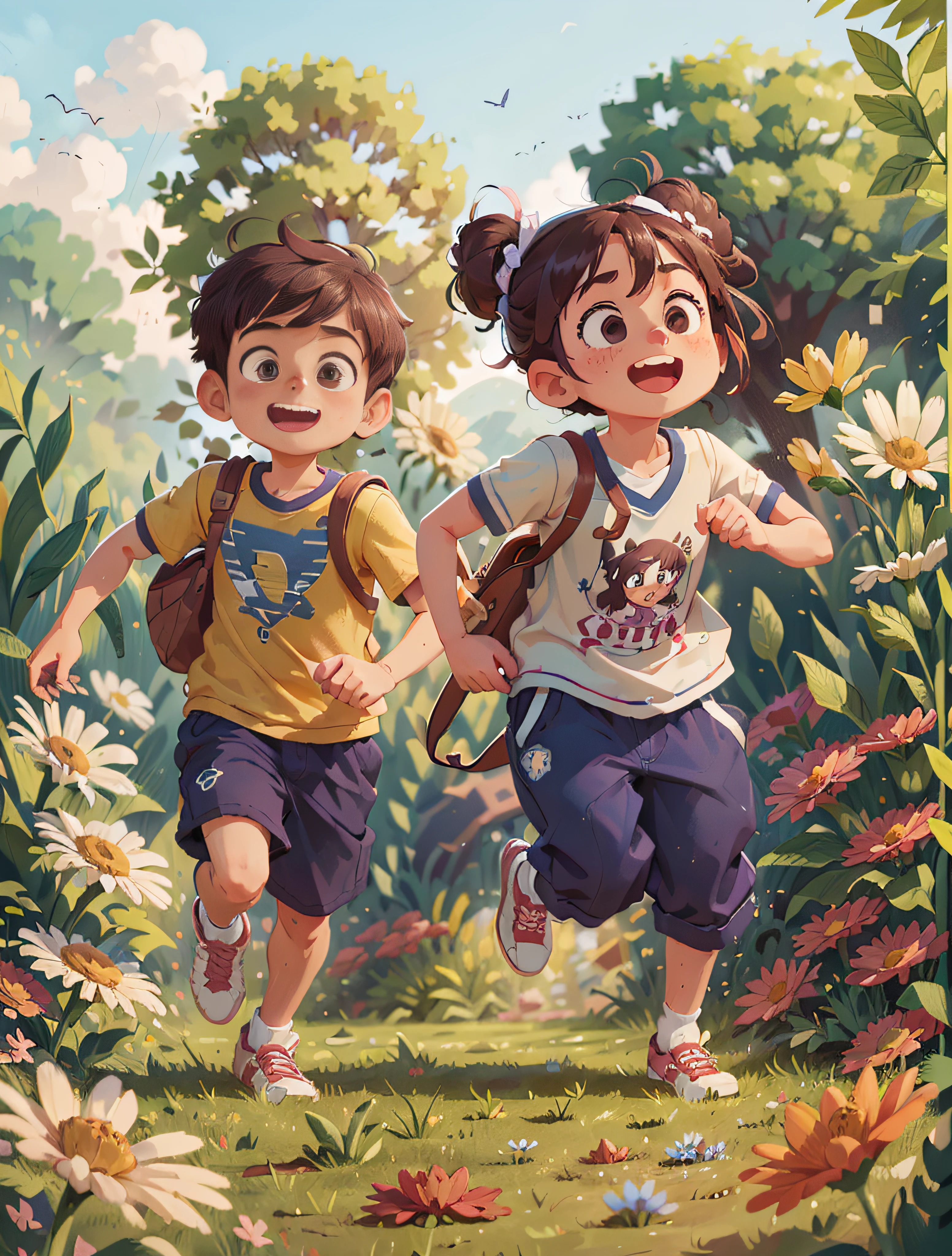 ((Best Quality)), ((Masterpiece)), 1 girl 1 boy running, happy, big eyes, looking ahead, spring outing, background with meadow, falling flowers, blue sky and white clouds, perfect face, girl wearing denim skirt, intricate details, clear focus, ultra-low vision, wide angle lens, v6