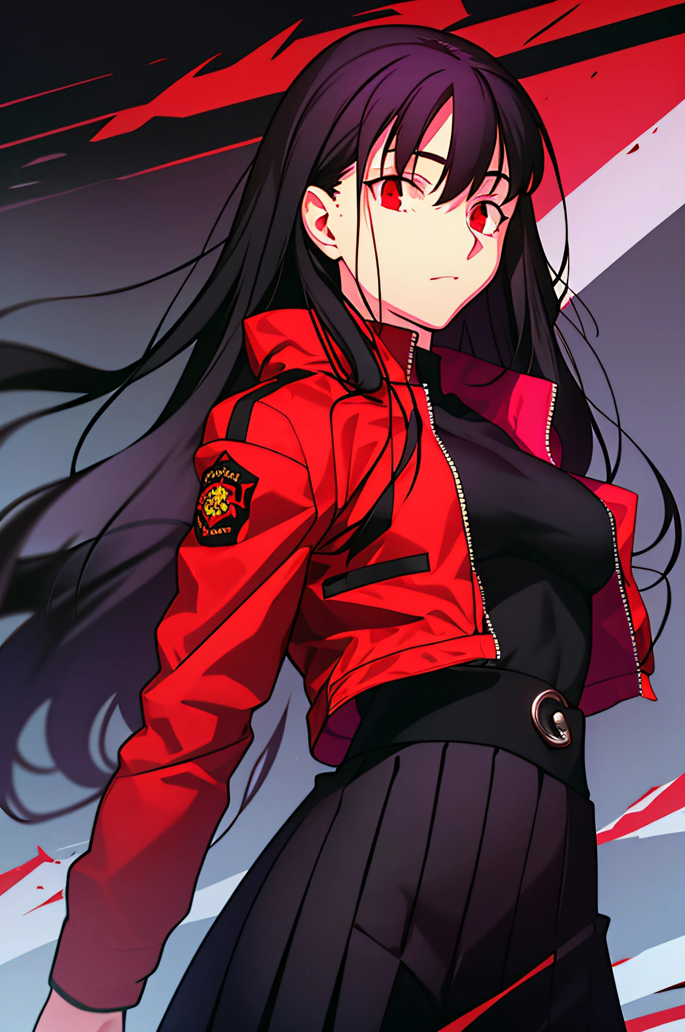 uma jovem com longos cabelos negros e olhos vermelhos, vestindo uma saia preta plissada e um top preto sob uma jaqueta vermelha. ela está segurando uma katana