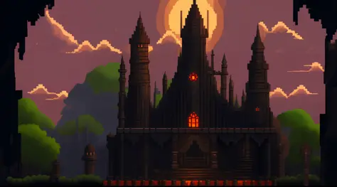 image style: pixel art, ultra detailed, game setting. castle of the dark lords:
in the heart of the kingdom, an imposing and men...