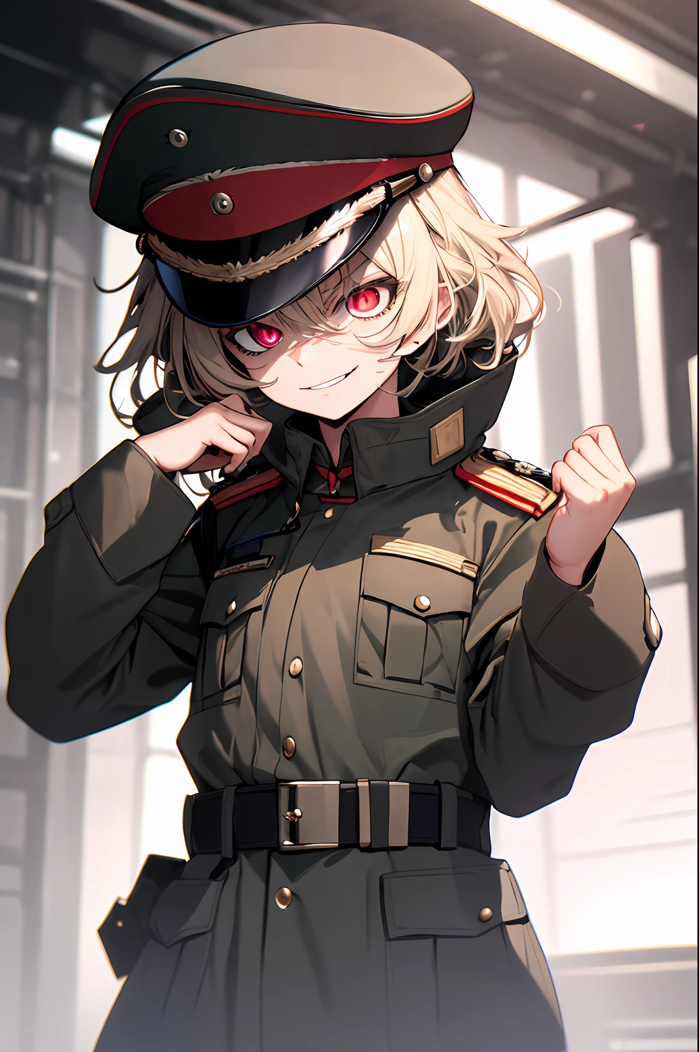 (masterpiece, best quality: 1.1), 1girl solo, tanya, 1girl, solo, petite, flat chest, small breasts, curvy, military, military uniform, , general hat, evil smile, wicked expression, anger, red eyes, neutral lighting