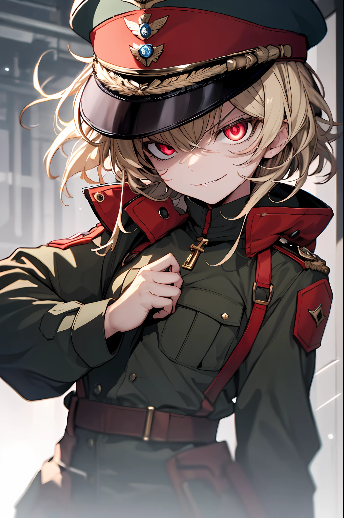 (masterpiece, best quality: 1.1), 1girl solo, tanya, 1girl, solo, petite, flat chest, small breasts, curvy, military, military uniform, , general hat, evil smile, wicked expression, anger, red eyes, neutral lighting