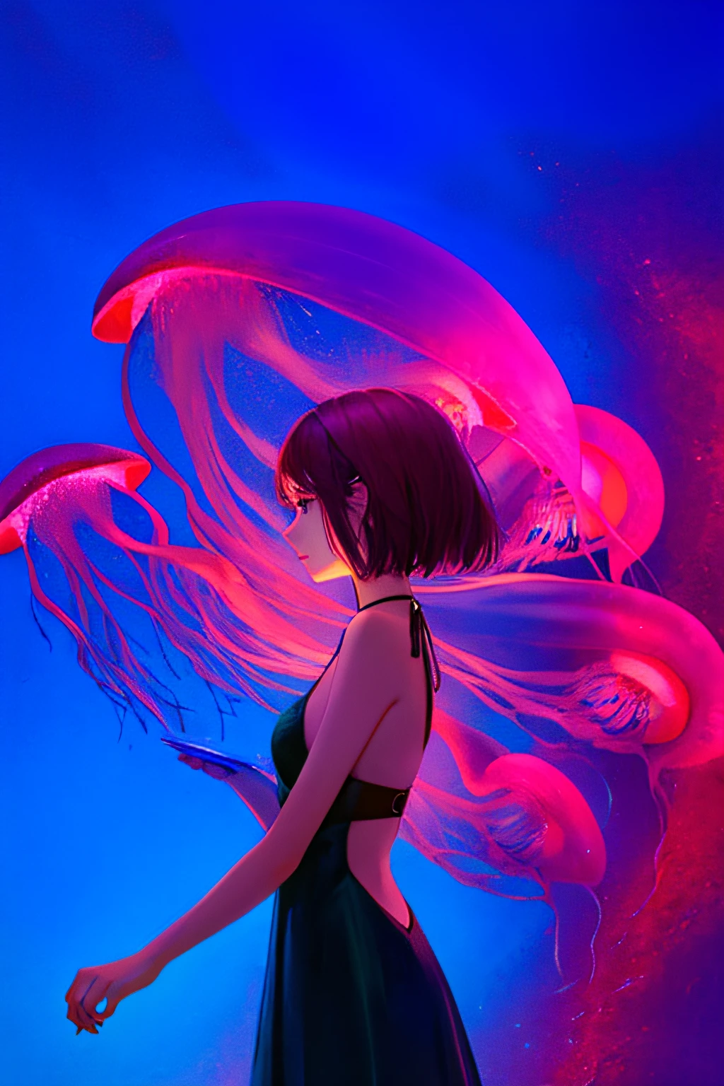 Colorful, no humans, jellyfish, landscape, 1girl, upper body,