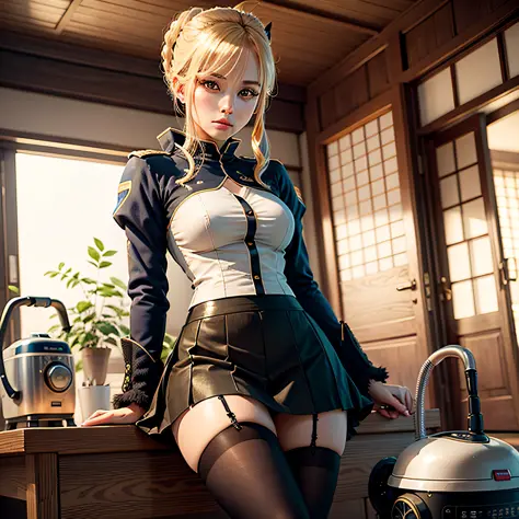 Artoria Pandoragon, black stockings, heart eyes, skirt, vacuum, Japanese style house --auto