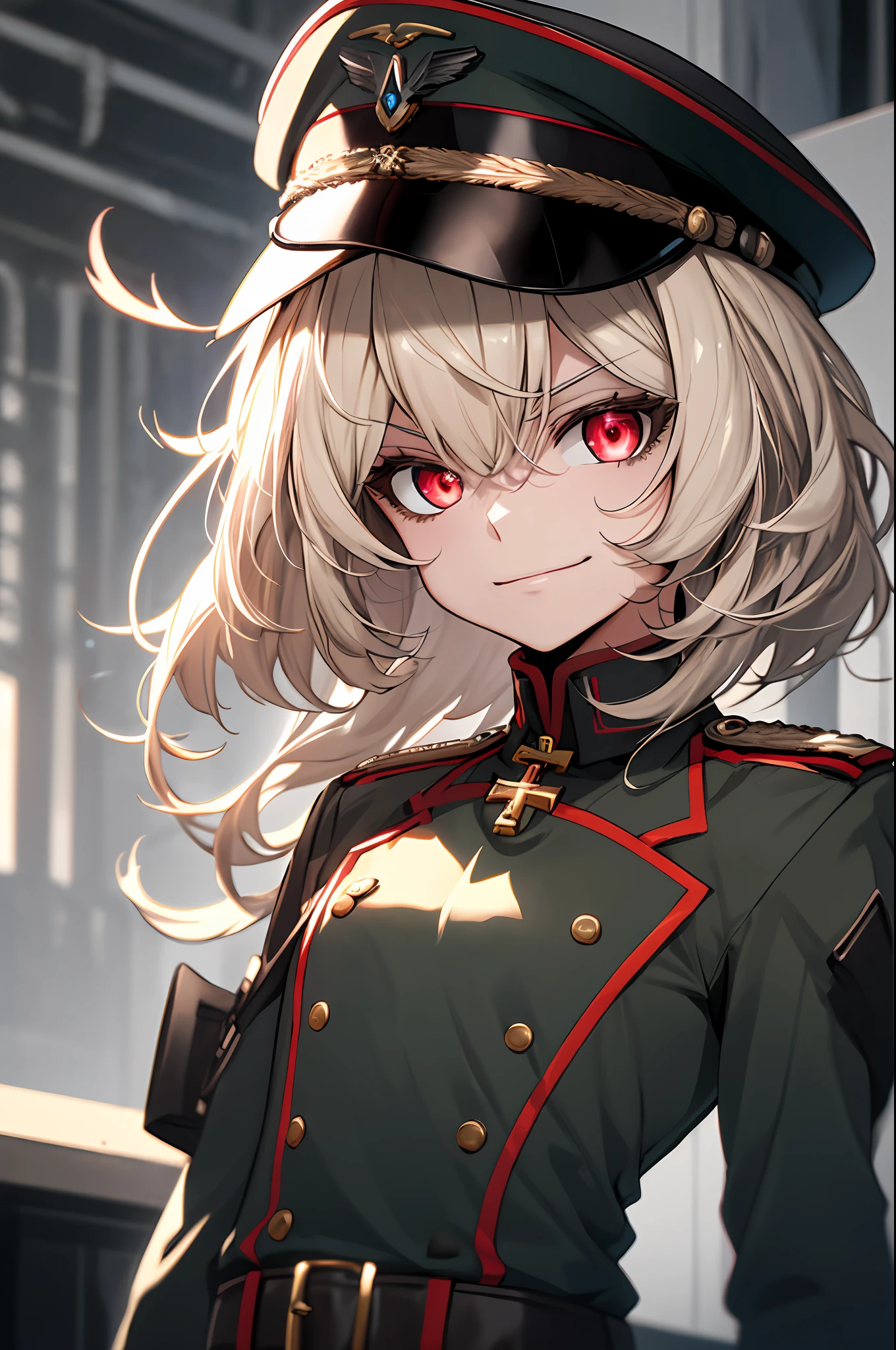 (masterpiece, best quality: 1.1), 1girl solo, tanya, 1girl, solo, petite, flat chest, small breasts, curvy, military, military uniform, , general hat, evil smile, wicked expression, anger, red eyes, neutral lighting