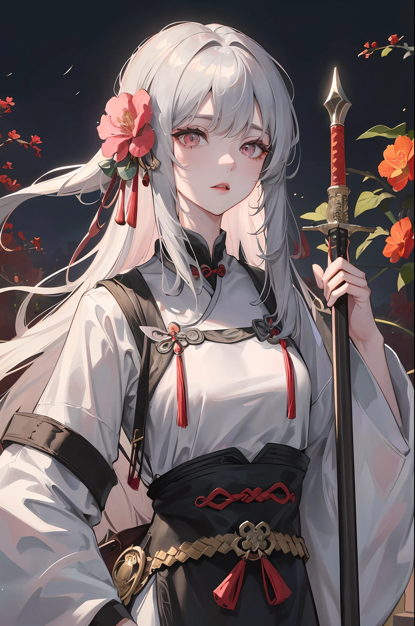 Masterpiece, Best, Night, Full Moon, 1 Female, Mature Woman, Chinese Style, Ancient China, Elder Sister, Royal Sister, Cold Face, Expressionless, Silver White Long Haired Woman, Pale Pink Lips, Calm, Intellectual, Three Belts, Gray Hitomi, assassin, dagger, flower ball background, street view