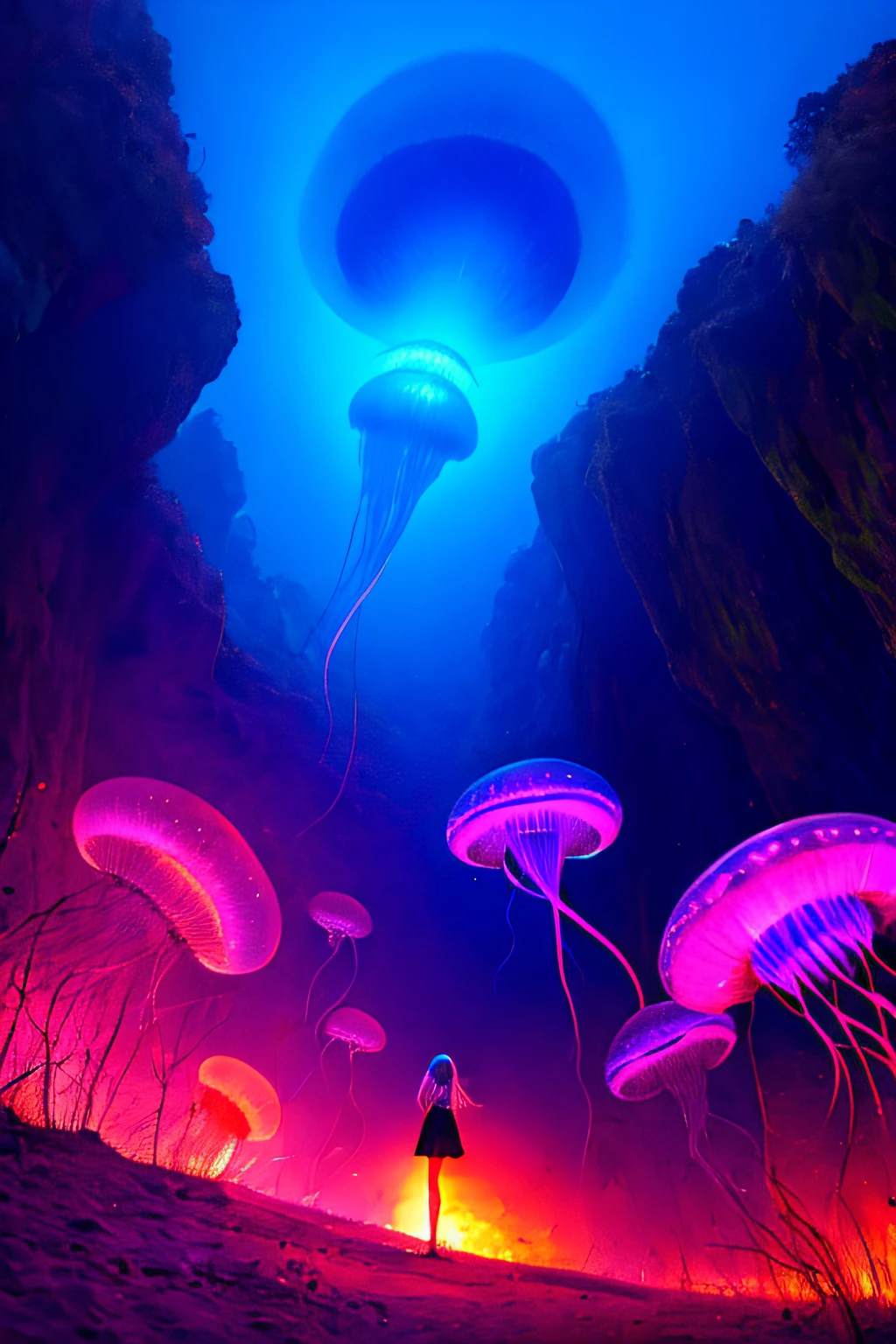 Colorful, no humans, jellyfish, landscape, 1girl, upper body,