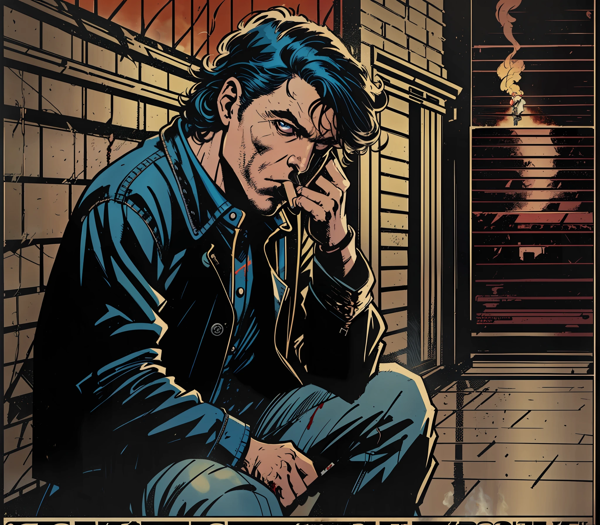 身穿黑色外套和牛仔裤的抑郁男子坐在黑暗的小巷里抽烟, 他的头发是黑色的，手臂上有血迹 ((((系列海报艺术)))