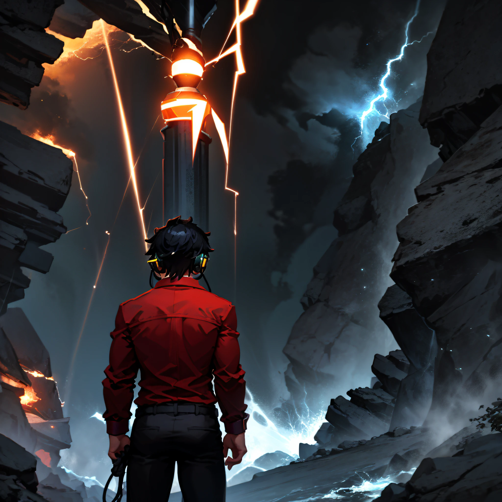 a man, red shirt, black pants, wearing a white headset with orange detales, holding a sword with his left hand, looking up, with his back to the viewer, body enteiro, epic scene, heavy rain, lightning in the sky, night,