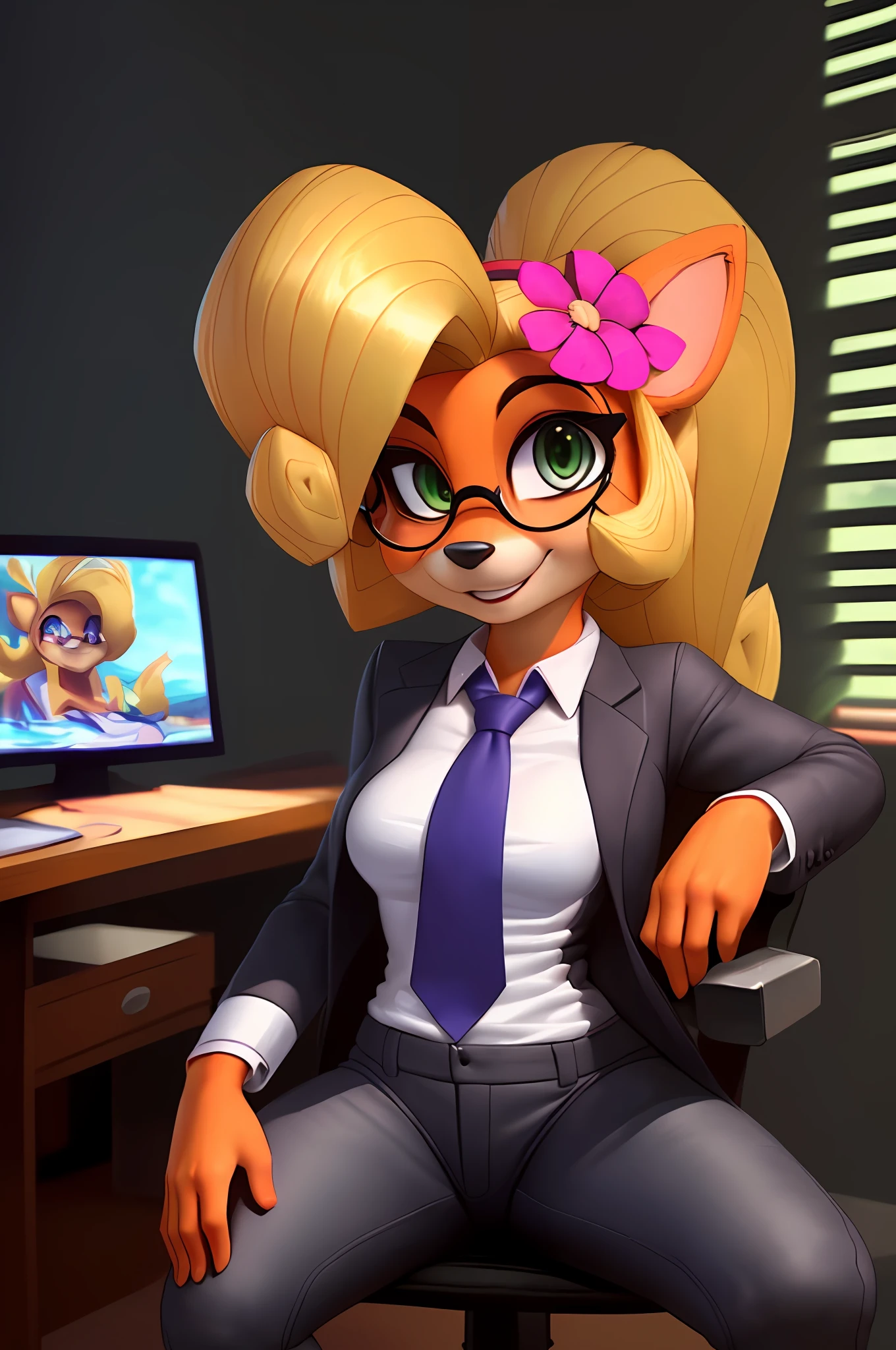 Coco bandicoot], [Uploaded to e621.net; (Pixelsketcher), (wamudraws)], ((masterpiece)), ((front view)), ((solo portrait)), ((1girl)), ((furry; anthro)), ((detailed fur)), ((raytracing)), ((detailed shading)), ((beautiful 3D art)), {anthro; (orange fur, black nose), cute green eyes, blonde hair, curly ponytail, curly bang, happy smile, (round glasses, grey business suit; white shirt, black tie, small , (grey pants), (pink flower in hair))}, ((sitting in chair backwards:1.4), (open legs:1.3), (hands in lap:1.2), attractive pose), [background; office; (desk, computer), window; (sun rays through blinds)]