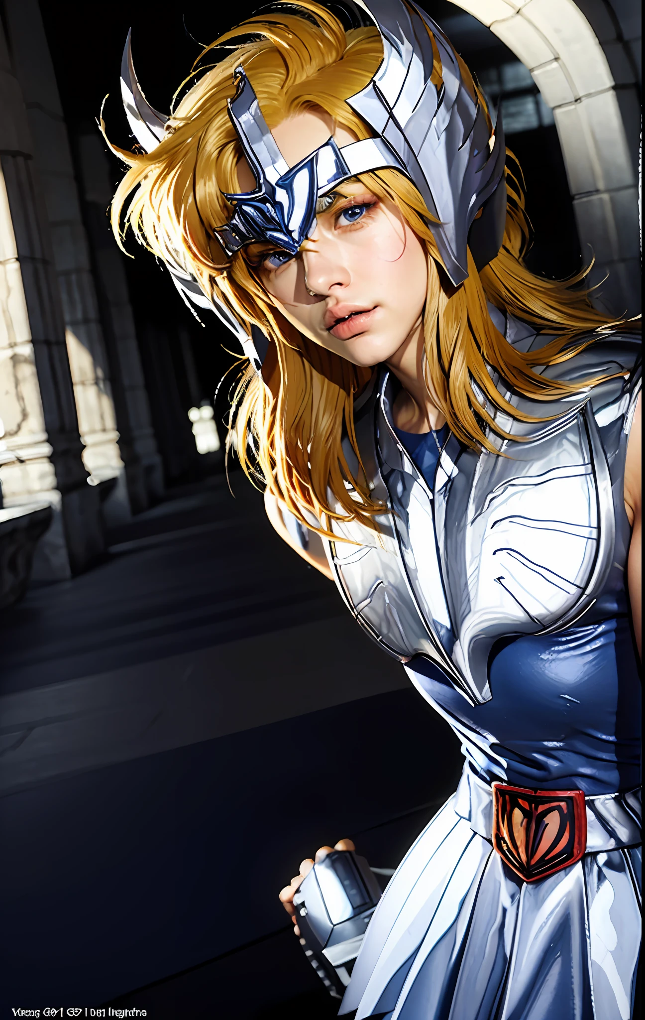 masterpiece, best quality, ultra high res, realistic skin texture, armor, (photorealistic: 1.2), high resolution, raw photo, shiny skin, (skin detail: 1.2), realistic skin texture, better lighting,, brightness, dramatic lighting, dynamic pose, (greek temple background: 1.2), morning sun, cosmos, milky way, ((1boy)), (short blonde hair: 1.5), cygnus_hyoga, (blue shirt and pants: 1.2),  (helmet: 1.2), silver plate armor, shoulder armor, cinematic lighting