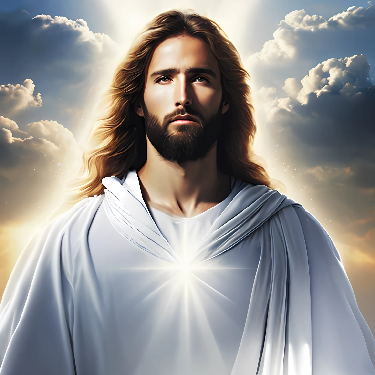 Jesus Christus in schlichten weißen Kleidern in den Wolken zu den Toren des Himmels, unglaublich realistisch mit Lichtstrahlen im Gesicht