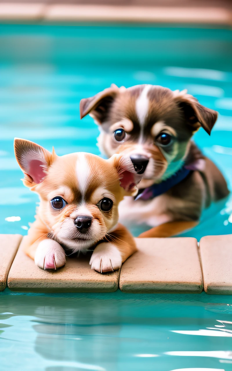 hiper calidad,Dos lindos cachorros de chihuahua,diferentes colores de cuerpo,Nadando en la piscina,ladrido,Ojos estrechos,sonrisa,eos r3 28mm