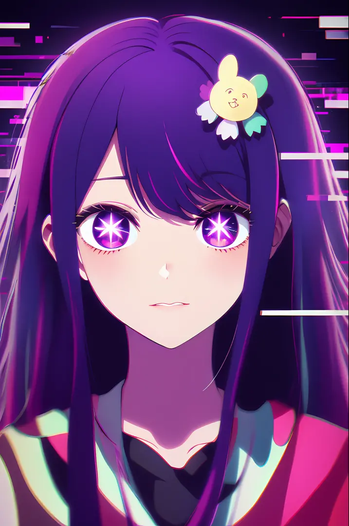 Hoshino Ai, long hair, purple hair, streaked hair ,purple eyes, star-shaped pupils, hair ornament,
Glitching, glitch