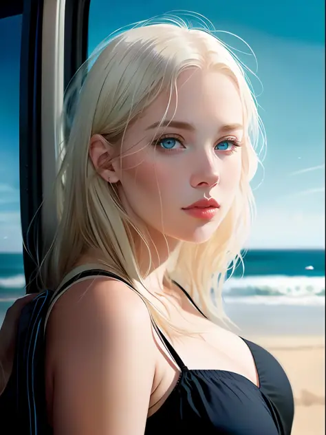 photo of the most beautiful artwork in the world featuring  a modern albino woman, leaning against a bus on a California beach, (azure eyes), big cheeks, gigantic breasts, albino pubic hair, albino eyebrow, albino skin, messy long albino hair, trending on ...