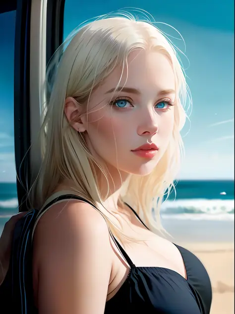 photo of the most beautiful artwork in the world featuring  a modern albino woman, leaning against a bus on a California beach, ...