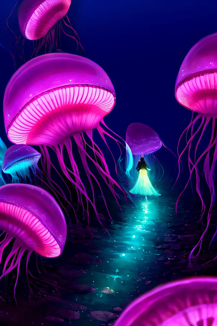 Colorful, no humans, jellyfish, landscape, 1girl, upper body,
