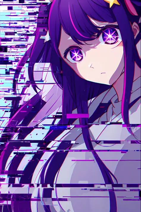 Hoshino Ai, long hair, purple hair, streaked hair ,purple eyes, star-shaped pupils, hair ornament, Glitching, glitch